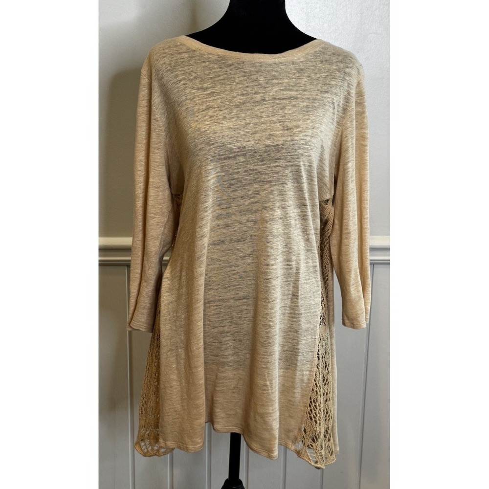 Tyler Boe Linen Top L Khaki Lagenlook Coastal Chic Boho Resort Minimalist - Picture 2 of 14